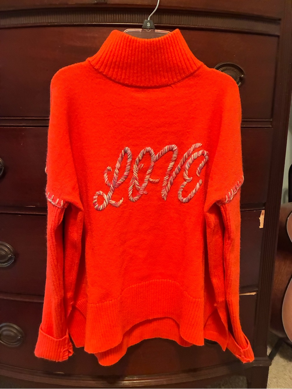 LF Bright Orange/Red Turtleneck Sweater with 'LOVE' Rope Embroidery